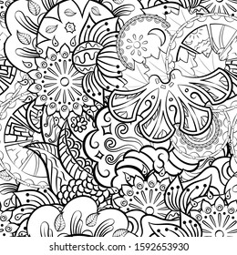 Tracery seamless pattern. Mehndi design. Ethnic monochrome binary doodle texture. Curved doodling black and white background. Vector