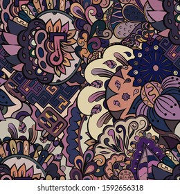 Tracery seamless pattern. Mehndi design. Ethnic colorful doodle texture. Curved doodling background. Vector