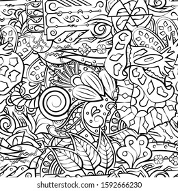 Tracery seamless pattern. Mehndi design. Ethnic monochrome binary doodle texture. Curved doodling black and white background. Vector
