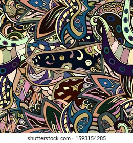Tracery seamless pattern. Mehndi design. Ethnic colorful doodle texture. Curved doodling background. Vector