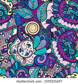 Tracery seamless pattern. Mehndi design. Ethnic colorful doodle texture. Curved doodling background. Vector