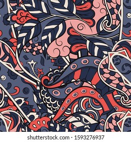 Tracery seamless pattern. Mehndi design. Ethnic colorful doodle texture. Curved doodling background. Vector
