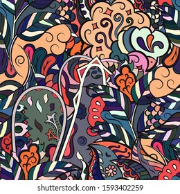 Tracery seamless pattern. Mehndi design. Ethnic colorful doodle texture. Curved doodling background. Vector