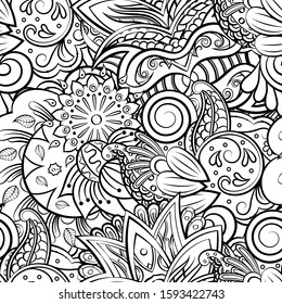 Tracery seamless pattern. Mehndi design. Ethnic monochrome binary doodle texture. Curved doodling black and white background. Vector