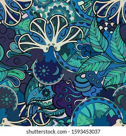 Tracery seamless pattern. Mehndi design. Ethnic colorful doodle texture. Curved doodling background. Vector