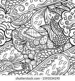 Tracery seamless pattern. Mehndi design. Ethnic monochrome binary doodle texture. Curved doodling black and white background. Vector