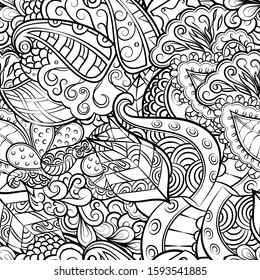 Tracery seamless pattern. Mehndi design. Ethnic monochrome binary doodle texture. Curved doodling black and white background. Vector
