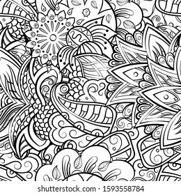 Tracery seamless pattern. Mehndi design. Ethnic monochrome binary doodle texture. Curved doodling black and white background. Vector