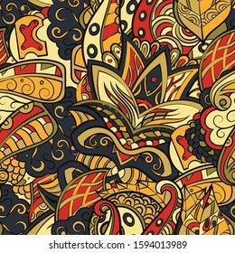 Tracery seamless pattern. Mehndi design. Ethnic colorful doodle texture. Curved doodling background. Vector