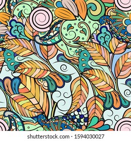 Tracery seamless pattern. Mehndi design. Ethnic colorful doodle texture. Curved doodling background. Vector