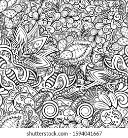 Tracery seamless pattern. Mehndi design. Ethnic monochrome binary doodle texture. Curved doodling black and white background. Vector