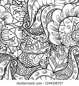 Tracery seamless pattern. Mehndi design. Ethnic monochrome binary doodle texture. Curved doodling black and white background. Vector