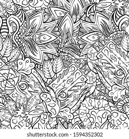 Tracery seamless pattern. Mehndi design. Ethnic monochrome binary doodle texture. Curved doodling black and white background. Vector