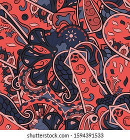 Tracery seamless pattern. Mehndi design. Ethnic colorful doodle texture. Curved doodling background. Vector