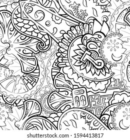 Tracery seamless pattern. Mehndi design. Ethnic monochrome binary doodle texture. Curved doodling black and white background. Vector