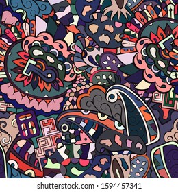Tracery seamless pattern. Mehndi design. Ethnic colorful doodle texture. Curved doodling background. Vector
