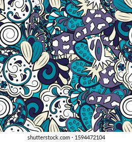 Tracery seamless pattern. Mehndi design. Ethnic colorful doodle texture. Curved doodling background. Vector