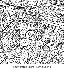 Tracery seamless pattern. Mehndi design. Ethnic monochrome binary doodle texture. Curved doodling black and white background. Vector