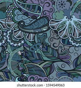 Tracery seamless pattern. Mehndi design. Ethnic colorful doodle texture. Curved doodling background. Vector