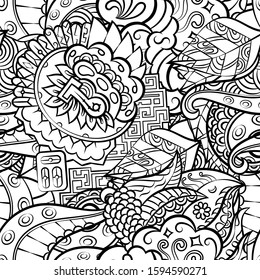 Tracery seamless pattern. Mehndi design. Ethnic monochrome binary doodle texture. Curved doodling black and white background. Vector