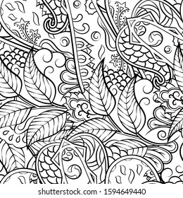 Tracery seamless pattern. Mehndi design. Ethnic monochrome binary doodle texture. Curved doodling black and white background. Vector
