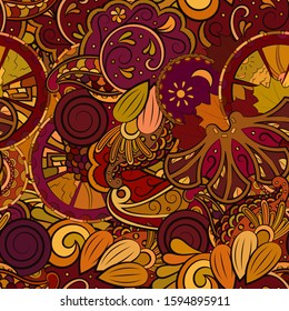 Tracery seamless pattern. Mehndi design. Ethnic colorful doodle texture. Curved doodling background. Vector