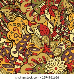 Tracery seamless pattern. Mehndi design. Ethnic colorful doodle texture. Curved doodling background. Vector