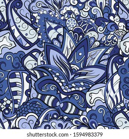 Tracery seamless pattern. Mehndi design. Ethnic colorful doodle texture. Curved doodling background. Vector