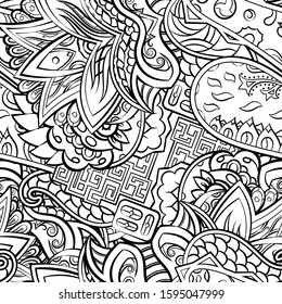 Tracery seamless pattern. Mehndi design. Ethnic monochrome binary doodle texture. Curved doodling black and white background. Vector