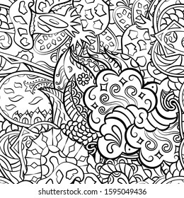 Tracery seamless pattern. Mehndi design. Ethnic monochrome binary doodle texture. Curved doodling black and white background. Vector