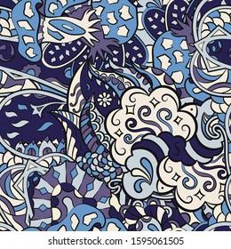 Tracery seamless pattern. Mehndi design. Ethnic colorful doodle texture. Curved doodling background. Vector