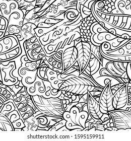 Tracery seamless pattern. Mehndi design. Ethnic monochrome binary doodle texture. Curved doodling black and white background. Vector