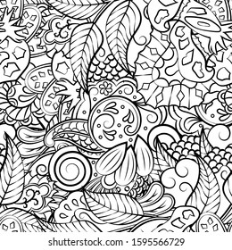 Tracery seamless pattern. Mehndi design. Ethnic monochrome binary doodle texture. Curved doodling black and white background. Vector