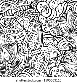 Tracery seamless pattern. Mehndi design. Ethnic monochrome binary doodle texture. Curved doodling black and white background. Vector