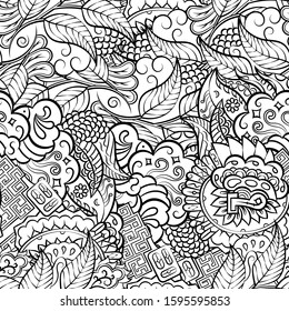 Tracery seamless pattern. Mehndi design. Ethnic monochrome binary doodle texture. Curved doodling black and white background. Vector