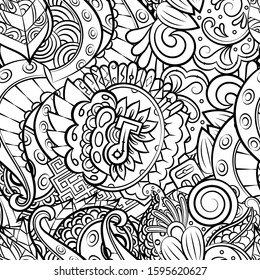 Tracery seamless pattern. Mehndi design. Ethnic monochrome binary doodle texture. Curved doodling black and white background. Vector