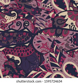 Tracery seamless pattern. Mehndi design. Ethnic colorful doodle texture. Curved doodling background. Vector