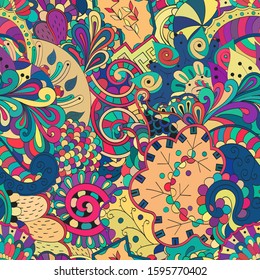 Tracery seamless pattern. Mehndi design. Ethnic colorful doodle texture. Curved doodling background. Vector