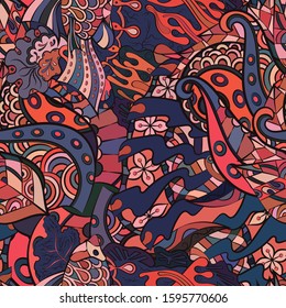 Tracery seamless pattern. Mehndi design. Ethnic colorful doodle texture. Curved doodling background. Vector