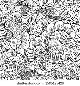 Tracery seamless pattern. Mehndi design. Ethnic monochrome binary doodle texture. Curved doodling black and white background. Vector