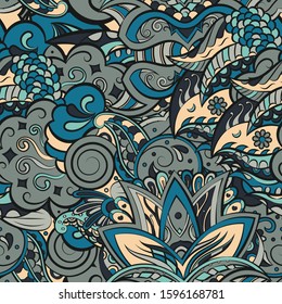 Tracery seamless pattern. Mehndi design. Ethnic colorful doodle texture. Curved doodling background. Vector