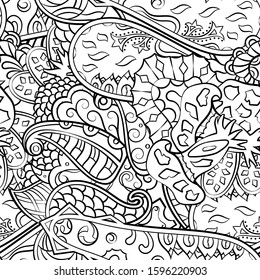 Tracery seamless pattern. Mehndi design. Ethnic monochrome binary doodle texture. Curved doodling black and white background. Vector