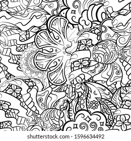 Tracery seamless pattern. Mehndi design. Ethnic monochrome binary doodle texture. Curved doodling black and white background. Vector