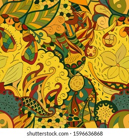 Tracery seamless pattern. Mehndi design. Ethnic colorful doodle texture. Curved doodling background. Vector