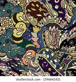 Tracery seamless pattern. Mehndi design. Ethnic colorful doodle texture. Curved doodling background. Vector