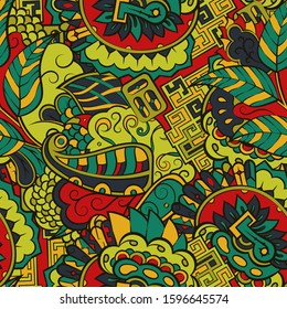 Tracery seamless pattern. Mehndi design. Ethnic colorful doodle texture. Curved doodling background. Vector