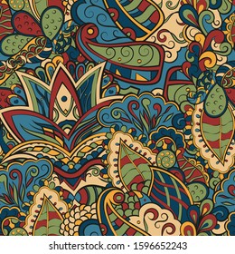 Tracery seamless pattern. Mehndi design. Ethnic colorful doodle texture. Curved doodling background. Vector