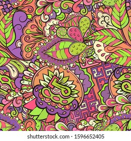 Tracery seamless pattern. Mehndi design. Ethnic colorful doodle texture. Curved doodling background. Vector