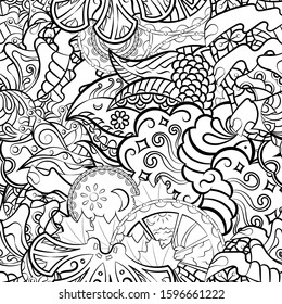 Tracery seamless pattern. Mehndi design. Ethnic monochrome binary doodle texture. Curved doodling black and white background. Vector