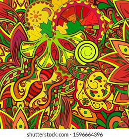 Tracery seamless pattern. Mehndi design. Ethnic colorful doodle texture. Curved doodling background. Vector